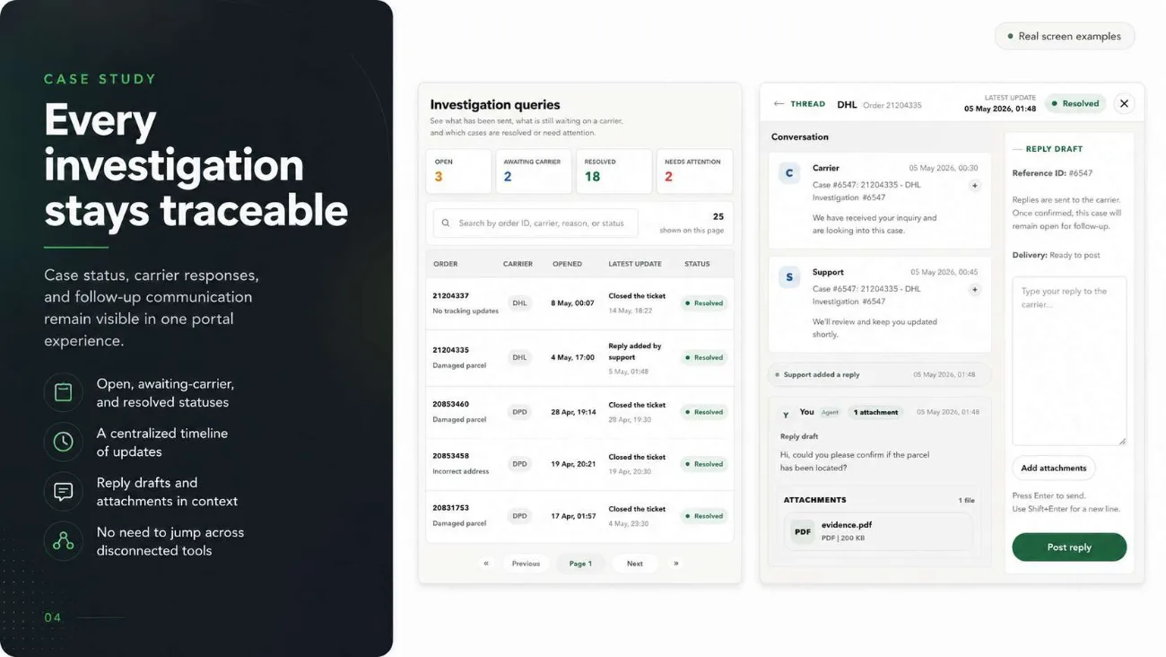 Investigation list with open, awaiting carrier and resolved counts
