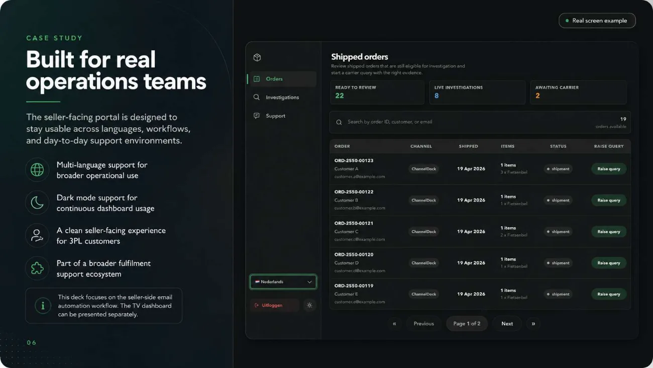 Multi-language seller portal in Dutch with dark mode